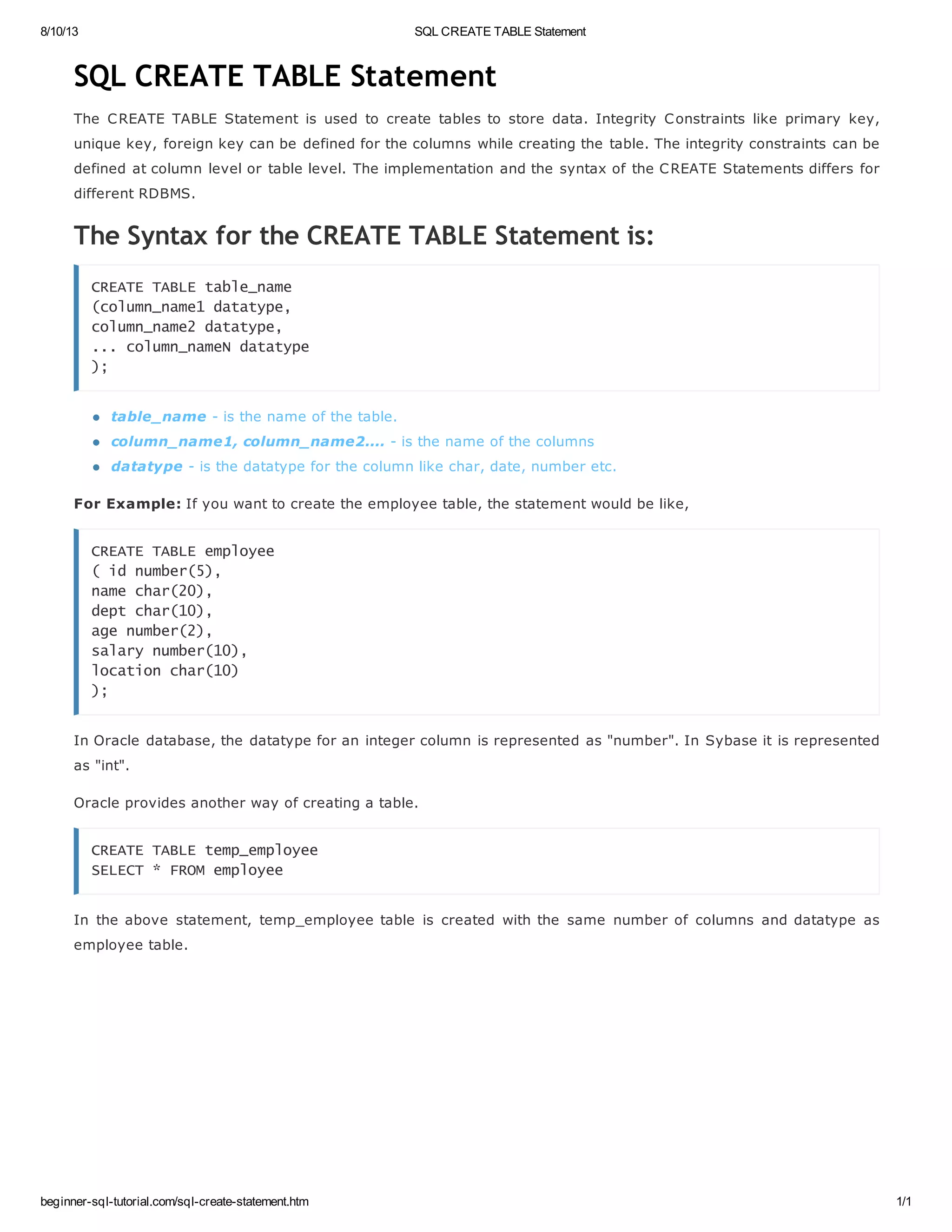 Sql create table statement | PPT