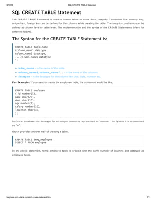 8/10/13 SQL CREATE TABLE Statement
beginner-sql-tutorial.com/sql-create-statement.htm 1/1
SQL CREATE TABLE Statement
The CREATE TABLE Statement is used to create tables to store data. Integrity Constraints like primary key,
unique key, foreign key can be defined for the columns while creating the table. The integrity constraints can be
defined at column level or table level. The implementation and the syntax of the CREATE Statements differs for
different RDBMS.
The Syntax for the CREATE TABLE Statement is:
CREATE TABLE table_name
(column_name1 datatype,
column_name2 datatype,
... column_nameN datatype
);
table_name - is the name of the table.
column_name1, column_name2.... - is the name of the columns
datatype - is the datatype for the column like char, date, number etc.
For Example: If you want to create the employee table, the statement would be like,
CREATE TABLE employee
( id number(5),
name char(20),
dept char(10),
age number(2),
salary number(10),
location char(10)
);
In Oracle database, the datatype for an integer column is represented as "number". In Sybase it is represented
as "int".
Oracle provides another way of creating a table.
CREATE TABLE temp_employee
SELECT * FROM employee
In the above statement, temp_employee table is created with the same number of columns and datatype as
employee table.
 