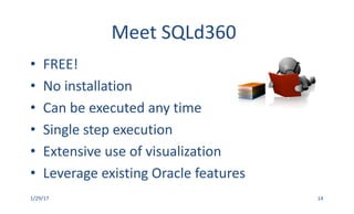 Meet	SQLd360
• FREE!
• No	installation
• Can	be	executed	any	time
• Single	step	execution
• Extensive	use	of	visualization
• Leverage	existing	Oracle	features
1/29/17 14
 