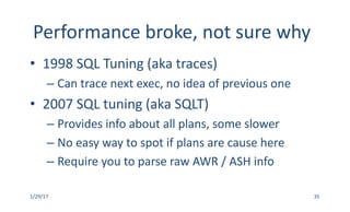 Performance	broke,	not	sure	why
• 1998	SQL	Tuning	(aka	traces)
– Can	trace	next	exec,	no	idea	of	previous	one
• 2007	SQL	tuning	(aka	SQLT)
– Provides	info	about	all	plans,	some	slower
– No	easy	way	to	spot	if	plans	are	cause	here
– Require	you	to	parse	raw	AWR	/	ASH	info
1/29/17 35
 