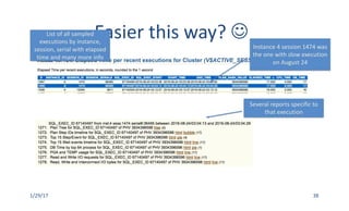1/29/17 38
Instance	4	session	1474	was	
the	one	with	slow	execution	
on	August	24
Easier	this	way?	J
Several	reports	specific	to	
that	execution
List	of	all	sampled	
executions	by	instance,	
session,	serial	with	elapsed	
time	and	many	more	info
 