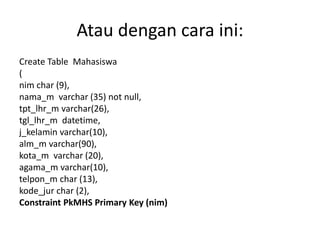 Atau dengan cara ini:
Create Table Mahasiswa
(
nim char (9),
nama_m varchar (35) not null,
tpt_lhr_m varchar(26),
tgl_lhr_m datetime,
j_kelamin varchar(10),
alm_m varchar(90),
kota_m varchar (20),
agama_m varchar(10),
telpon_m char (13),
kode_jur char (2),
Constraint PkMHS Primary Key (nim)
 
