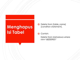Menghapus
Isi Tabel
🞆 Delete from [table_name]
[condition statement].
🞆 Contoh:
Delete from Mahasiswa where
nim=’682009001’
 