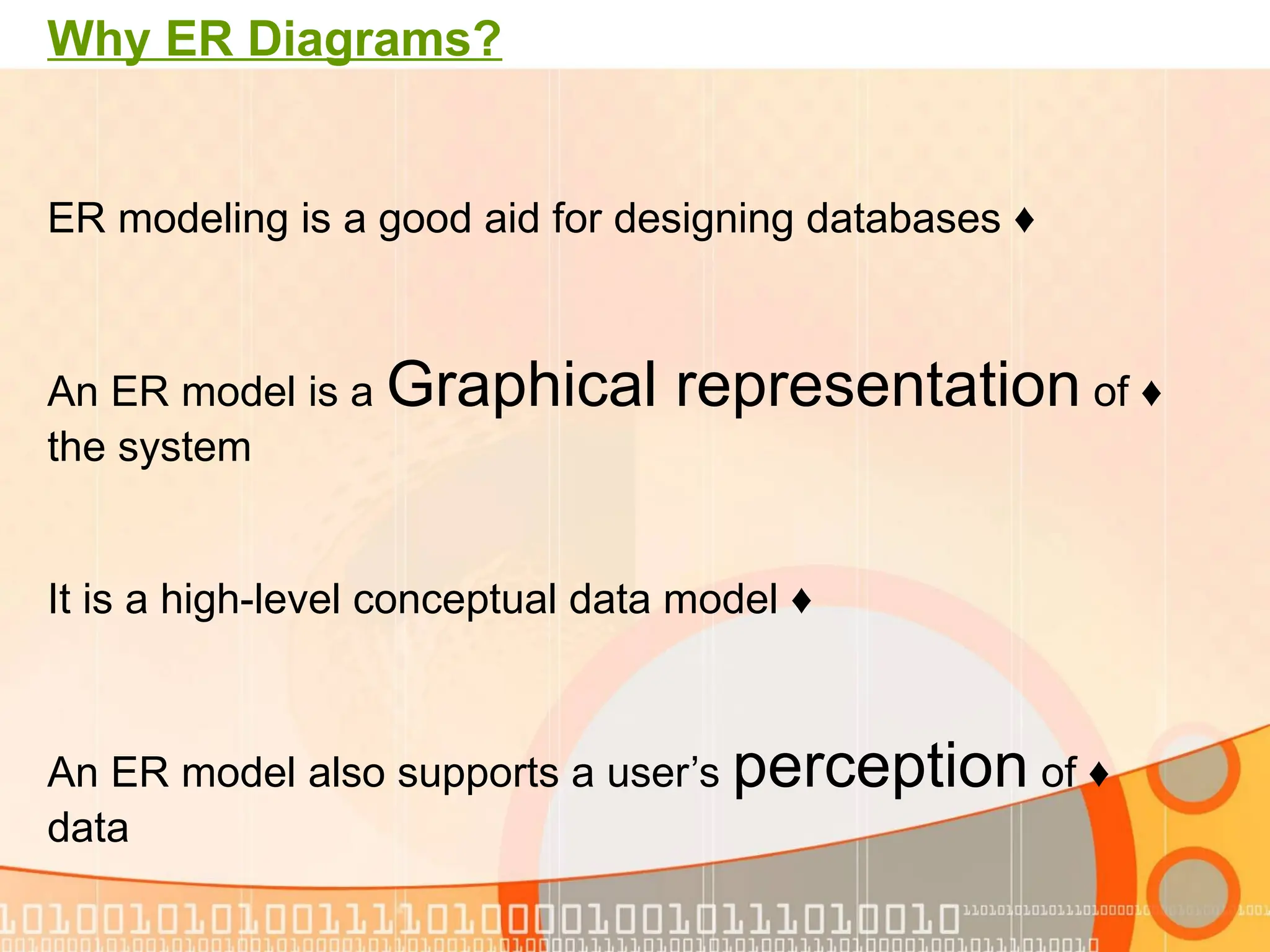 ♦ ER modeling is a good aid for designing databases ♦ An ER model is a Graphical representation of the system ♦ It is a high-level conceptual data model ♦ An ER model also supports a user’s perception of data Why ER Diagrams? 