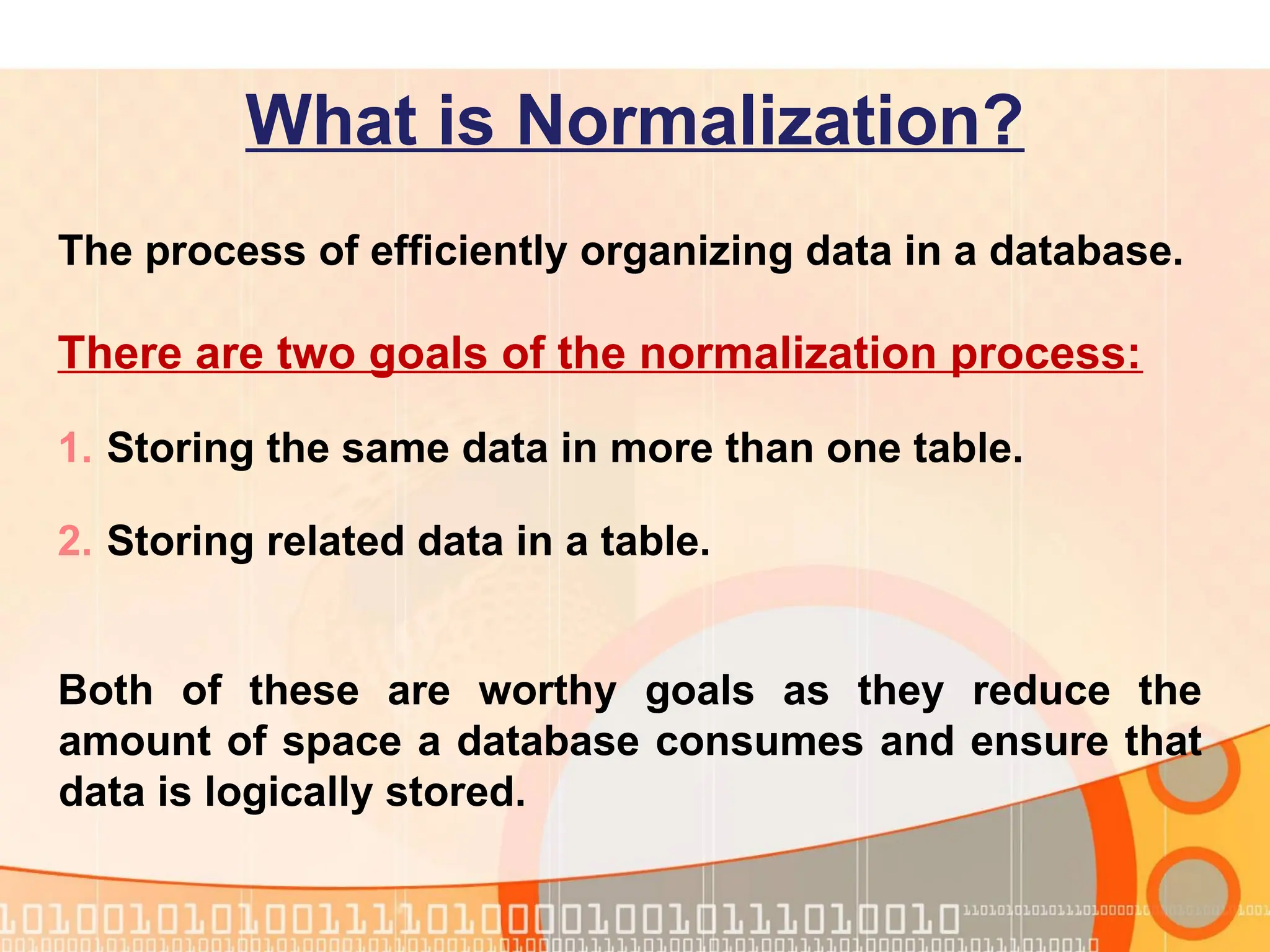 What is Normalization? The process of efficiently organizing data in a database. There are two goals of the normalization process: 1. Storing the same data in more than one table. 2. Storing related data in a table. Both of these are worthy goals as they reduce the amount of space a database consumes and ensure that data is logically stored. 
