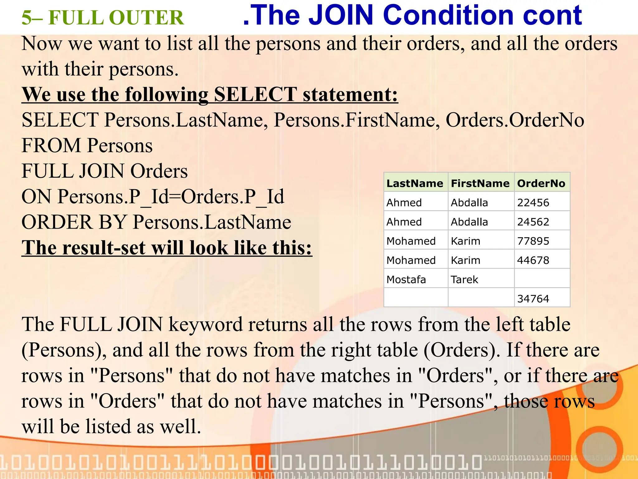 5– FULL OUTER Now we want to list all the persons and their orders, and all the orders with their persons. We use the following SELECT statement: SELECT Persons.LastName, Persons.FirstName, Orders.OrderNo FROM Persons FULL JOIN Orders ON Persons.P_Id=Orders.P_Id ORDER BY Persons.LastName The result-set will look like this: The FULL JOIN keyword returns all the rows from the left table (Persons), and all the rows from the right table (Orders). If there are rows in "Persons" that do not have matches in "Orders", or if there are rows in "Orders" that do not have matches in "Persons", those rows will be listed as well. LastName FirstName OrderNo Ahmed Abdalla 22456 Ahmed Abdalla 24562 Mohamed Karim 77895 Mohamed Karim 44678 Mostafa Tarek 34764 The JOIN Condition cont . 