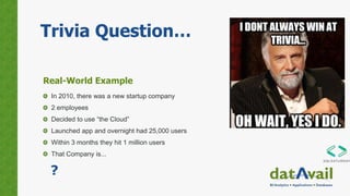 Trivia Question…
Real-World Example
In 2010, there was a new startup company
2 employees
Decided to use “the Cloud”
Launched app and overnight had 25,000 users
Within 3 months they hit 1 million users
That Company is...
?
 