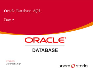 Oracle Database, SQL
Day 2
Trainers:
Gurpreet Singh
 