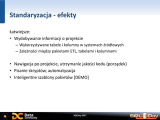 SQLDay 2017
Standaryzacja - efekty
Łatwiejsze:
• Wydobywanie informacji o projekcie
– Wykorzystywane tabele i kolumny w systemach źródłowych
– Zależności między pakietami ETL, tabelami i kolumnami
• Nawigacja po projekcie, utrzymanie jakości kodu (porządek)
• Pisanie skryptów, automatyzacja
• Inteligentne szablony pakietów [DEMO]
 