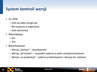 SQLDay 2017
System kontroli wersji
• Tu: SVN
– SSIS się słabo merge’uje,
– Był używany w organizacji
– (Jest darmowy)
• Alternatywy:
– GIT
– TFS
• Branchowanie
– Wersja „bieżąca” – developerska
– Wersja „do testów” – wszystkie zadania w pełni zaimplementowane
– Wersja „na produkcję” – zadania przetestowane i decyzja biz. wdrażać
 