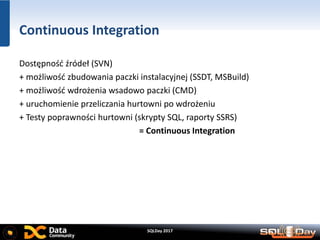 SQLDay 2017
Continuous Integration
Dostępność źródeł (SVN)
+ możliwość zbudowania paczki instalacyjnej (SSDT, MSBuild)
+ możliwość wdrożenia wsadowo paczki (CMD)
+ uruchomienie przeliczania hurtowni po wdrożeniu
+ Testy poprawności hurtowni (skrypty SQL, raporty SSRS)
= Continuous Integration
 