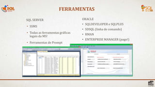 FERRAMENTAS
33 |
SQL SERVER
• SSMS
• Todas as ferramentas gráficas
legais da MS!
• Ferramentas de Prompt
• Powershell
ORACLE
• SQLDEVELOPER e SQLPLUS
• SDSQL (linha de comando)
• RMAN
• ENTERPRISE MANAGER (pago!)
 