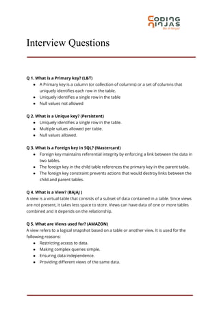 SQL dabatase interveiw pdf for interveiw preparation | PDF