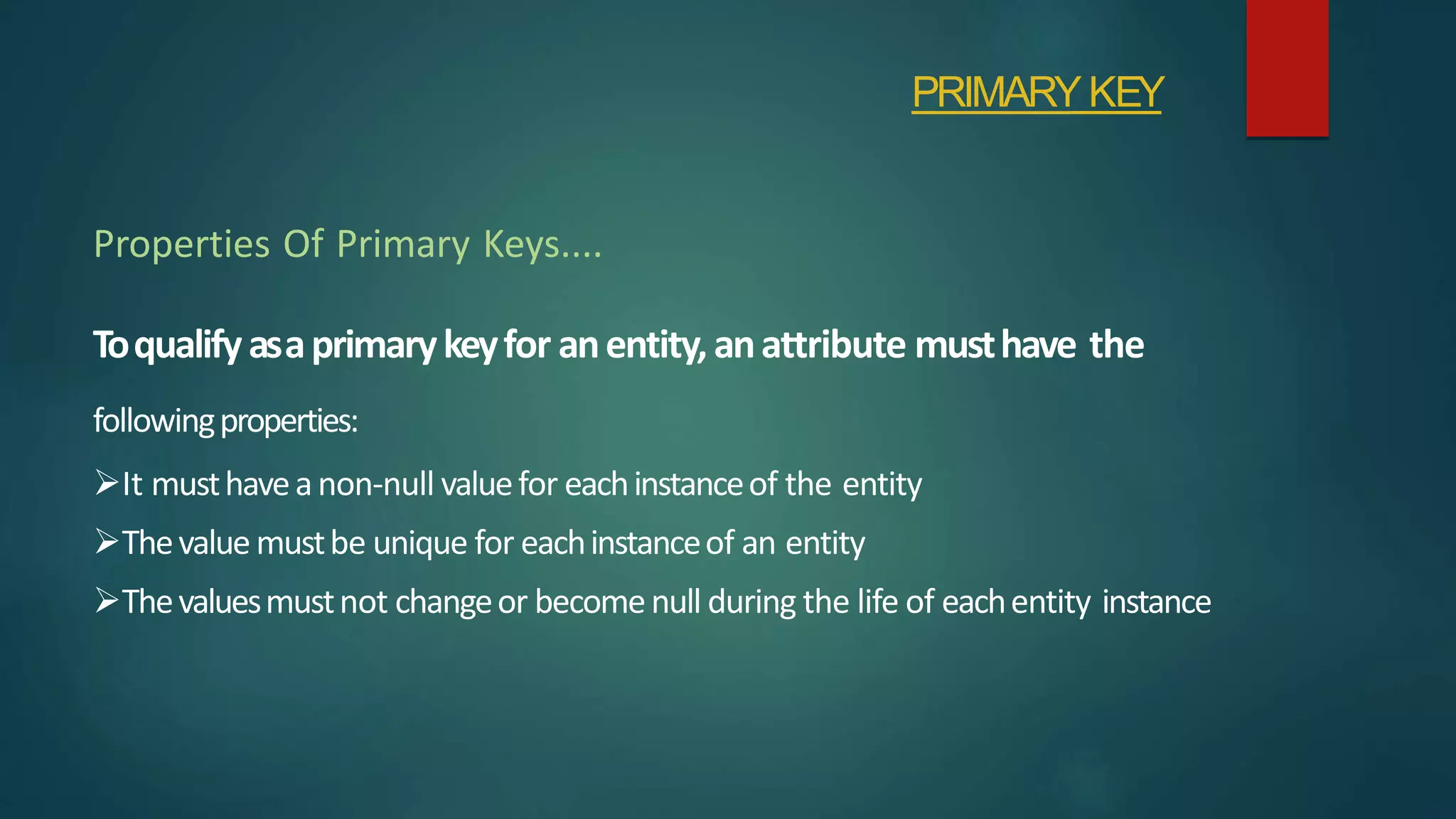 Toqualifyasaprimarykeyfor anentity,anattribute musthave the
followingproperties:
It musthaveanon-null valuefor eachinstanceof the entity
Thevaluemustbe unique for eachinstanceof an entity
Thevaluesmustnot changeor becomenull during the life of eachentity instance
Properties Of Primary Keys....
PRIMARYKEY
 