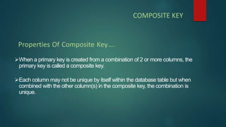 When a primary key is created from a combination of 2 or more columns, the
primary key is called a composite key.
Each column may not be unique by itself within the database table but when
combined with the other column(s) in the composite key, the combination is
unique.
Properties Of Composite Key….
COMPOSITE KEY
 