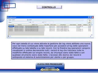successiva precedente VISUALIZZA CLICCA PER PROSEGUIRE CONTROLLO Per ogni tabella di cui viene attivata la gestione dei log viene abilitata una nuova voce nel menù contestuale della maschera per accedere al log delle operazioni effettuate su tale tabella e su tale record. Con la finestra log operazioni vengono visualizzati in ordine decrescente tutti i record di log che tracciano tutte le modifiche effettuate sul singolo record, da chiunque siano state fatte e con qualsiasi strumento siano state fatte. L’accesso allo storico dei record è sottoposto al sistema di autorizzazione per utente o per gruppo.   