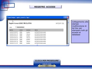 successiva precedente VISUALIZZA CLICCA PER PROSEGUIRE REGISTRO  ACCESSI Collegamento alle stampe multifunzione di Ad Hoc per stampare tutti gli accessi al database .     