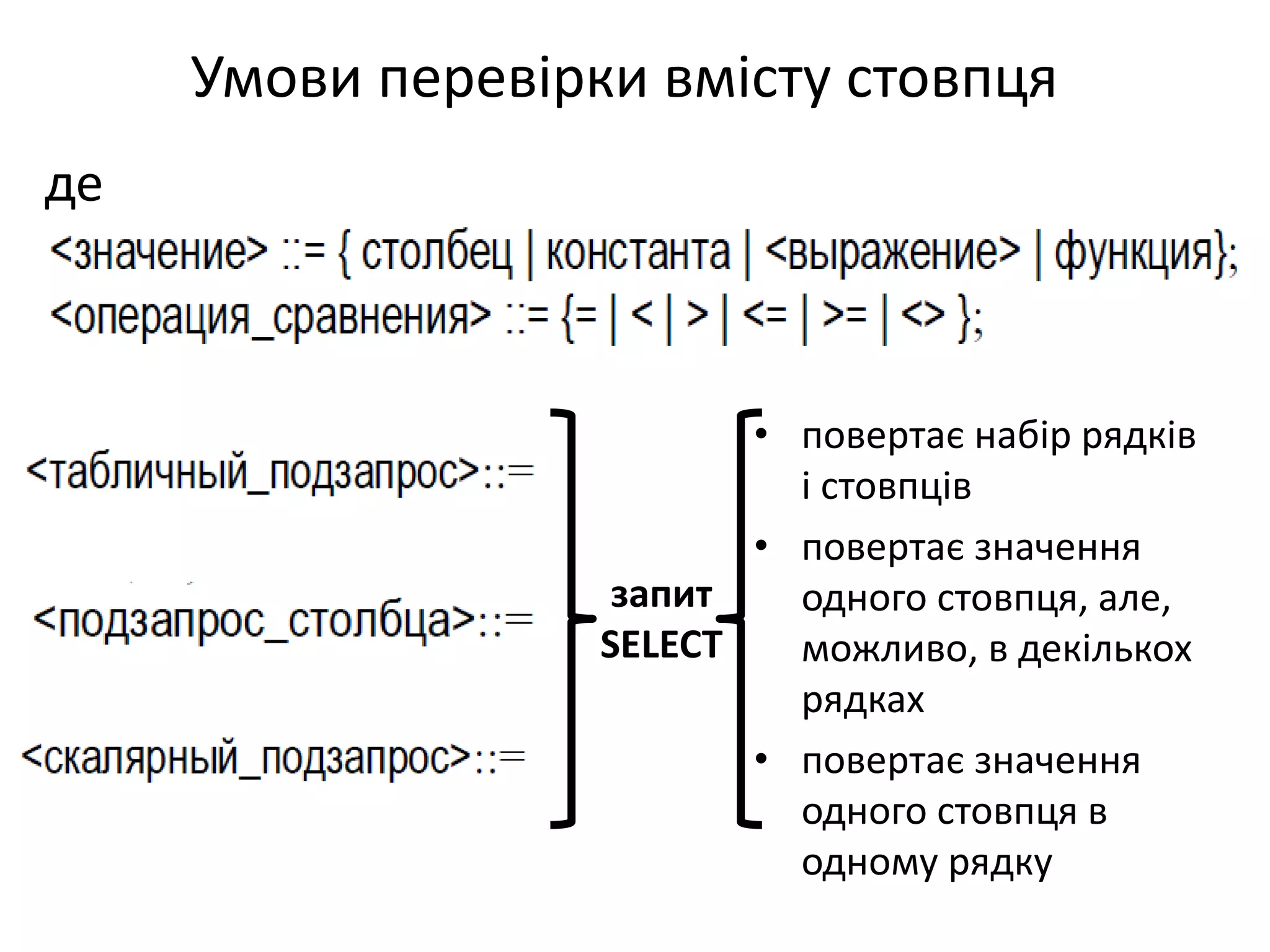 де
Умови перевірки вмісту стовпця
• повертає набір рядків
і стовпців
• повертає значення
одного стовпця, але,
можливо, в декількох
рядках
• повертає значення
одного стовпця в
одному рядку
запит
SELECT
 
