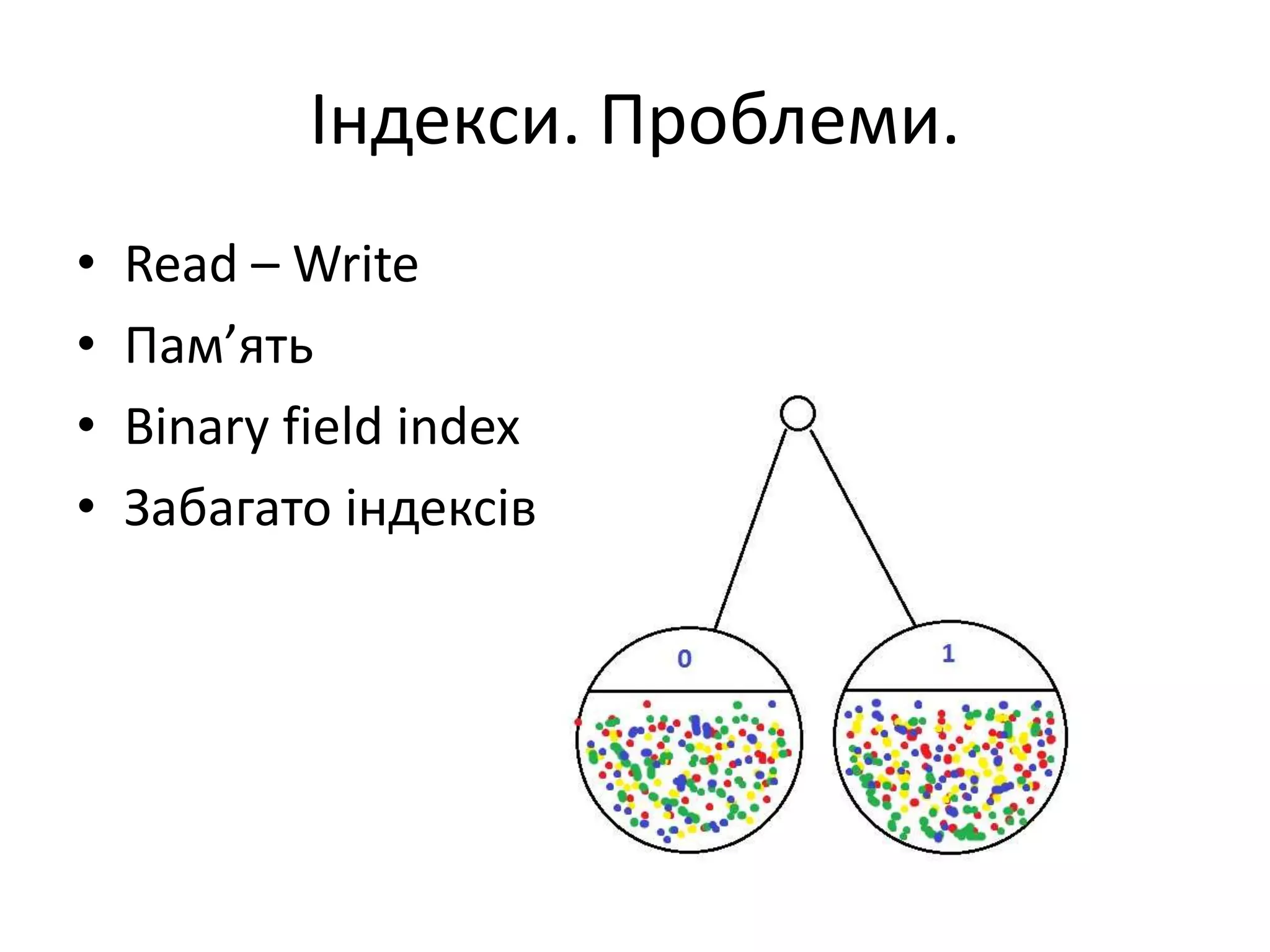 Індекси. Проблеми.
• Read – Write
• Пам’ять
• Binary field index
• Забагато індексів
 