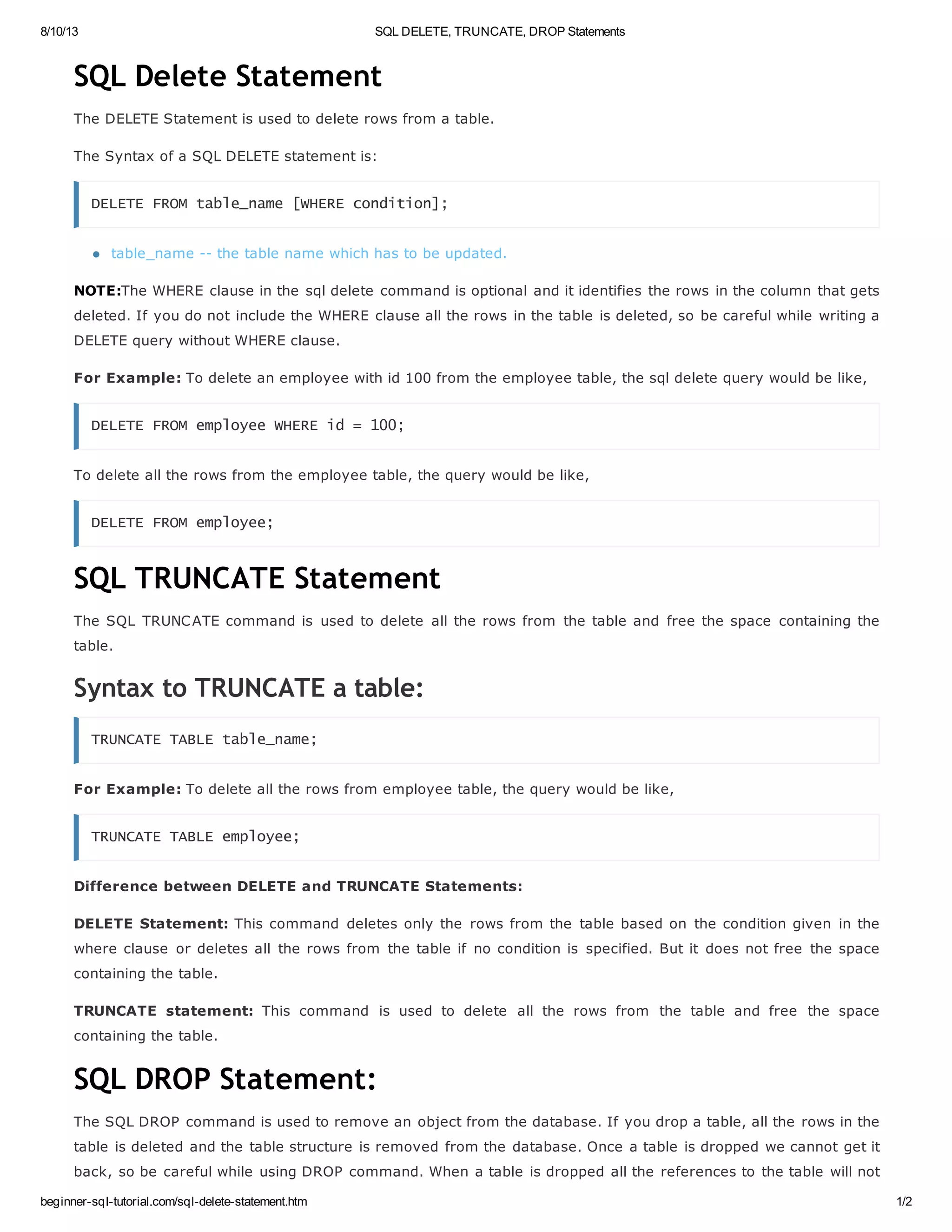 Sql delete, truncate, drop statements | PDF | Databases | Computer ...