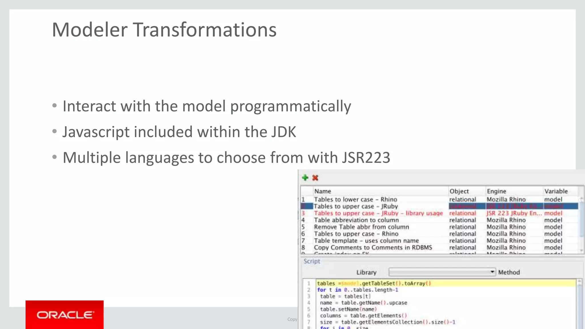 Copyright © 2014 Oracle and/or its affiliates. All rights reserved. | Modeler Transformations • Interact with the model programmatically • Javascript included within the JDK • Multiple languages to choose from with JSR223 