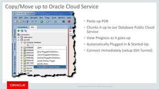 Copyright © 2014 Oracle and/or its affiliates. All rights reserved. |
Copy/Move up to Oracle Cloud Service
• Packs up PDB
• Chunks it up to our Database Public Cloud
Service
• View Progress as it goes up
• Automatically Plugged in & Started Up
• Connect immediately (setup SSH Tunnel)
 