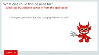 Copyright © 2014 Oracle and/or its affiliates. All rights reserved. |
• Tune your application SQL w/o changing the source code?
What else could this be used for?
Substitute SQL when it comes in from the application
 