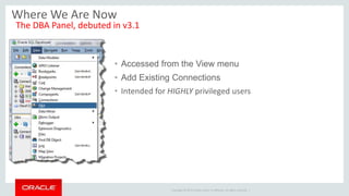 Copyright © 2014 Oracle and/or its affiliates. All rights reserved. |
• Accessed from the View menu
• Add Existing Connections
• Intended for HIGHLY privileged users
Where We Are Now
The DBA Panel, debuted in v3.1
 