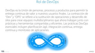 DevOps es la Unión de personas, procesos y productos para permitir la
entrega continua de valor a nuestros usuarios finales. La contracción de
“Dev" y "OPS" se refiere a la sustitución de operaciones y desarrollo de
silos para crear equipos multidisciplinarios que ahora trabajan junto con
prácticas y herramientas compartidas y eficientes. Las prácticas DevOps
esenciales incluyen planificación ágil, integración continua, entrega
continua y monitoreo de aplicaciones.
Rol de DevOps
 