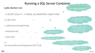 Running a SQL Server Container
sudo docker run
-e 'ACCEPT_EULA=Y' -e 'MSSQL_SA_PASSWORD=Sql2017isfast’
-p 1401:1433
-v sqlvolume:/var/opt/mssql
--hostname sql1
--name sql1
-d
mcr.microsoft.com/mssql/server:2017-CU8
environment variables
 