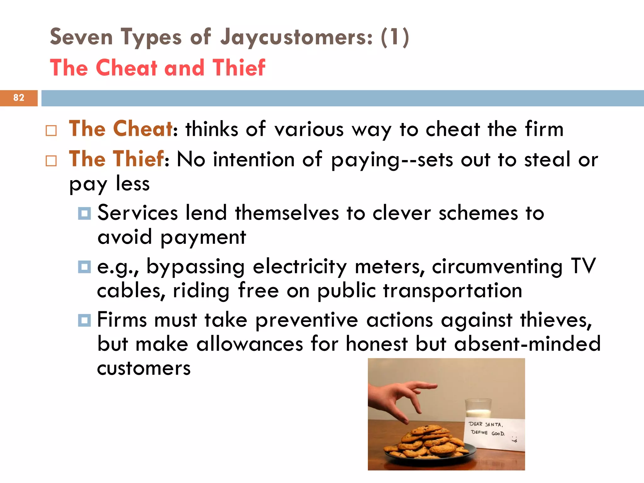 Seven Types of Jaycustomers: (1)
     The Cheat and Thief
82


        The Cheat: thinks of various way to cheat the firm
        The Thief: No intention of paying--sets out to steal or
         pay less
           Services lend themselves to clever schemes to
            avoid payment
           e.g., bypassing electricity meters, circumventing TV
            cables, riding free on public transportation
           Firms must take preventive actions against thieves,
            but make allowances for honest but absent-minded
            customers
 