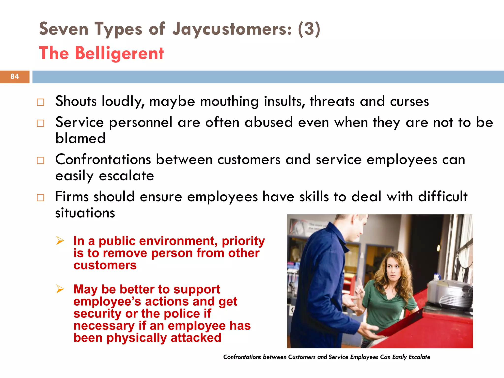 Seven Types of Jaycustomers: (3)
     The Belligerent
84


        Shouts loudly, maybe mouthing insults, threats and curses
        Service personnel are often abused even when they are not to be
         blamed
        Confrontations between customers and service employees can
         easily escalate
        Firms should ensure employees have skills to deal with difficult
         situations
          In a public environment, priority
           is to remove person from other
           customers
          May be better to support
           employee’s actions and get
           security or the police if
           necessary if an employee has
           been physically attacked
                                     Confrontations between Customers and Service Employees Can Easily Escalate
 