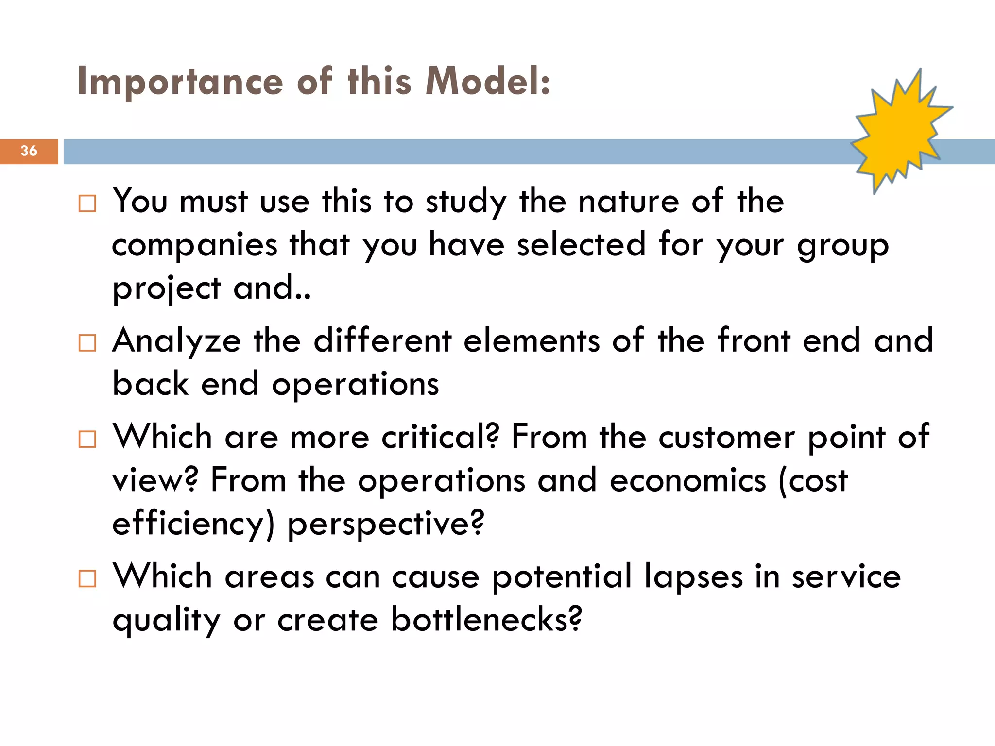 Importance of this Model:
36


        You must use this to study the nature of the
         companies that you have selected for your group
         project and..
        Analyze the different elements of the front end and
         back end operations
        Which are more critical? From the customer point of
         view? From the operations and economics (cost
         efficiency) perspective?
        Which areas can cause potential lapses in service
         quality or create bottlenecks?
 