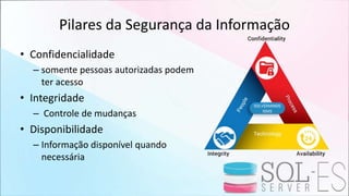 Pilares da Segurança da Informação
• Confidencialidade
– somente pessoas autorizadas podem
ter acesso
• Integridade
– Controle de mudanças
• Disponibilidade
– Informação disponível quando
necessária
 