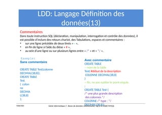 Commentaires
Dans toute instruction SQL (déclaration, manipulation, interrogation et contrôle des données), il
est possible d’inclure des retours chariot, des Tabulations, espaces et commentaires :
• sur une ligne précédée de deux tirets «-- »,
• en fin de ligne à l’aide du dièse « # »,
• au sein d’une ligne ou sur plusieurs lignes entre « /* » et « */ ».
LDD: Langage Définition des
données(13)
Exemple:
Sans commentaire
CREATE TABLE Test(colonne
DECIMAL(38,8));
CREATE TABLE
Test
( colon
ne
DECIMA
L(38,8)
);
Avec commentaire
CREATE TABLE
-- nom de la table
Test( #début de la description
COLONNE DECIMAL(38,8)
)
-- fin, ne pas oublier le point-virgule.
;
CREATE TABLE Test (
/* une plus grande description
des colonnes */
COLONNE /* type : */
DECIMAL(38,8));
Y.RACHIDI Génie Informatique 2 : Bases de données relationnelles :Sql et le SGBD MYSQL
 