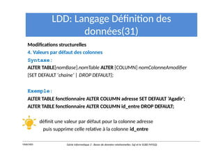 LDD: Langage Définition des
données(31)
Modifications structurelles
4. Valeurs par défaut des colonnes
Syntaxe:
ALTER TABLE[nomBase].nomTable ALTER [COLUMN] nomColonneAmodifier
{SET DEFAULT ‘chaine’ | DROP DEFAULT};
Exemple:
ALTER TABLE fonctionnaire ALTER COLUMN adresse SET DEFAULT ‘Agadir';
ALTER TABLE fonctionnaire ALTER COLUMN id_entre DROP DEFAULT;
définit une valeur par défaut pour la colonne adresse
puis supprime celle relative à la colonne id_entre
Y.RACHIDI Génie Informatique 2 : Bases de données relationnelles :Sql et le SGBD MYSQL
 