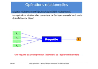 Opérations relationnelles
L’Algèbre relationnelle offre plusieurs opérations relationnelles.
Les opérations relationnelles permettent de fabriquer une relation à partir
des relations de départ
R1
Requête
R2
…
Rn
R
Une requête est une expression (opération) de l'algèbre relationnelle
Y.RACHIDI Génie Informatique 2 : Bases de données relationnelles :Sql et le SGBD MYSQL
 
