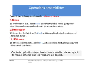 Opérations ensemblistes
Soient R et S deux relations de même schéma.
1.Union
La réunion de R et S , notée R ∪S, est l'ensemble des tuples qui figurent
dans l'une ou l'autre ou dans les des deux en même temps.
2.intersection
L'intersection de R et S, notée R ∩S , est l'ensemble des tuples qui figurent
dans R et dans S .
3.différence
La différence entre R et S, notée R -S , est l'ensemble des tuples qui figurent
dans R mais pas dans S .
Ces trois opérations fournissent une nouvelle relation ayant
le même schéma que les relations de départ.
Y.RACHIDI Génie Informatique 2 : Bases de données relationnelles :Sql et le SGBD
MYSQL
 