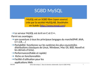 SGBD MySQL
MySQL est un SGBD libre (open source)
crée par la société MySQLAB, Stockholm
en Suède (http://www.mysql.com)
Le serveur MySQL est écrit en C et C++.
Parmi ses avantages:
son ouverture à tous les principaux langages du marché(PHP, JAVA,
C++,C#,….)
Portabilité: fonctionne sur les systèmes les plus courants(les
distributions classiques de Linux, Windows, Mac OS, BSD, Novell et
les dérivés d’Unix).
Performances(fiable et rapide)
Riche en fonctionnalités
Facilité d’utilisation pour les
applications Web
5
Y.RACHIDI Génie Informatique 2 : Bases de données relationnelles :Sql et le SGBD MYSQL
 