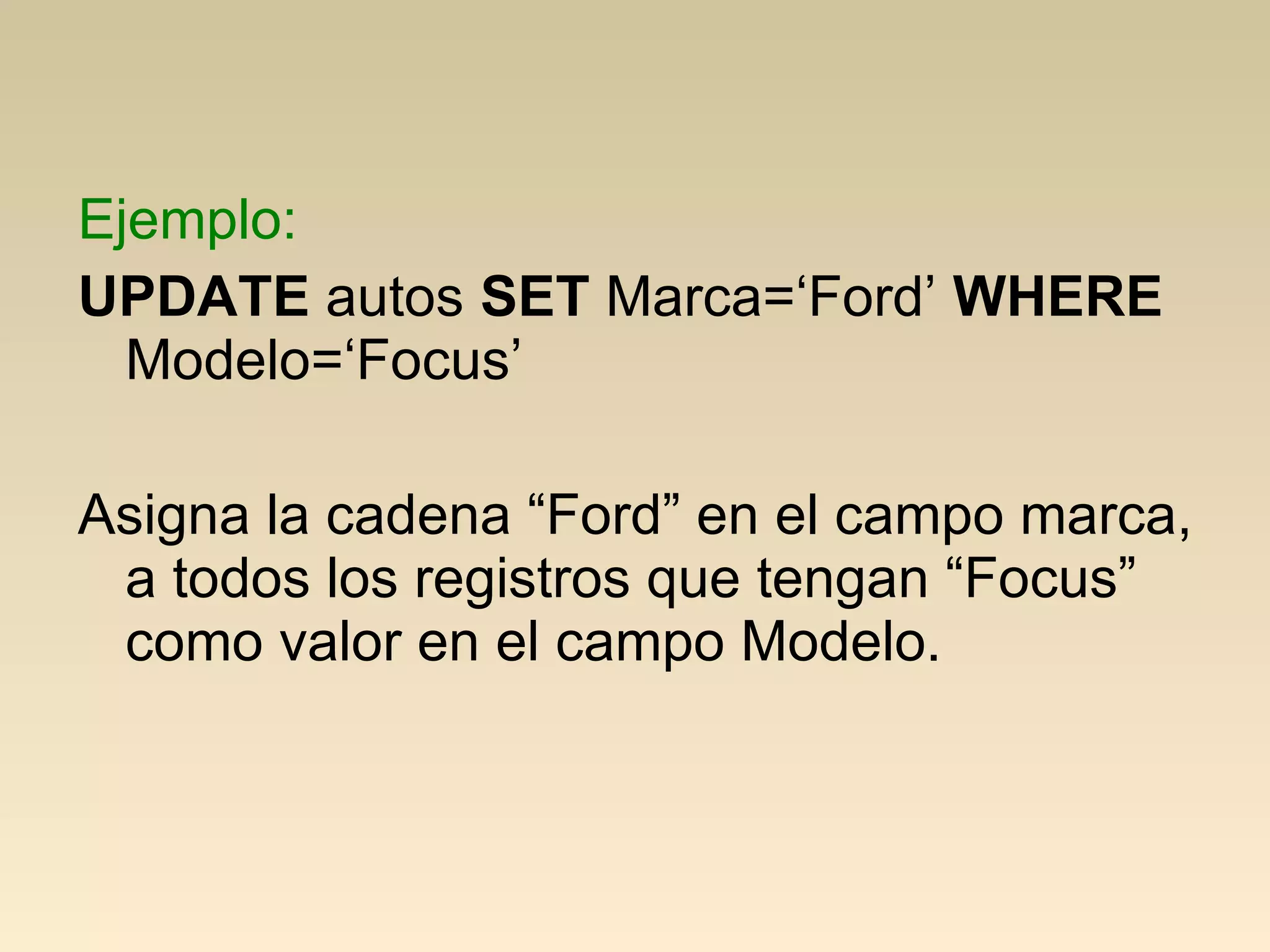 Ejemplo:
UPDATE autos SET Marca=‘Ford’ WHERE
  Modelo=‘Focus’

Asigna la cadena “Ford” en el campo marca,
 a todos los registros que tengan “Focus”
 como valor en el campo Modelo.
 