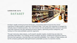 DATASET
S UPE RS TO RE D A TA
In today's rapidly evolving business landscape, a Superstore Giant recognizes the critical
importance of data analysis in gaining a competitive edge. They seek your expertise to navigate the
intricate maze of market dynamics. Your role involves not only deciphering which products resonate
most with customers but also identifying lucrative regions, optimizing product categories, and
honing in on the most profitable customer segments.
Through meticulous data analysis, you'll unearth valuable insights, transforming raw data into
actionable information. Your findings will drive strategic decisions, enabling the Superstore Giant to
fine-tune their approach, minimize risks, and maximize profitability. Your mastery of data analysis will
be the compass guiding this retail giant toward sustainable success in a dynamic market.
 