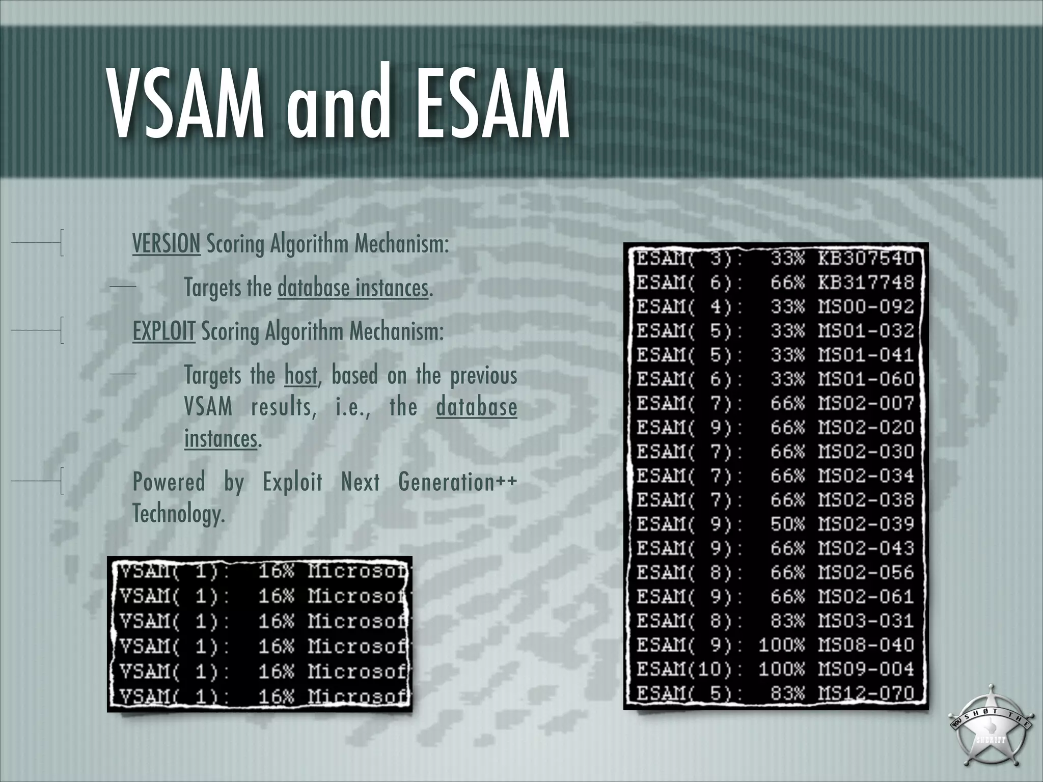 VSAM and ESAM
VERSION Scoring Algorithm Mechanism:
Targets the database instances.
EXPLOIT Scoring Algorithm Mechanism:
Targets the host, based on the previous
VSAM results, i.e., the database
instances.
Powered by Exploit Next Generation++
Technology.

 
