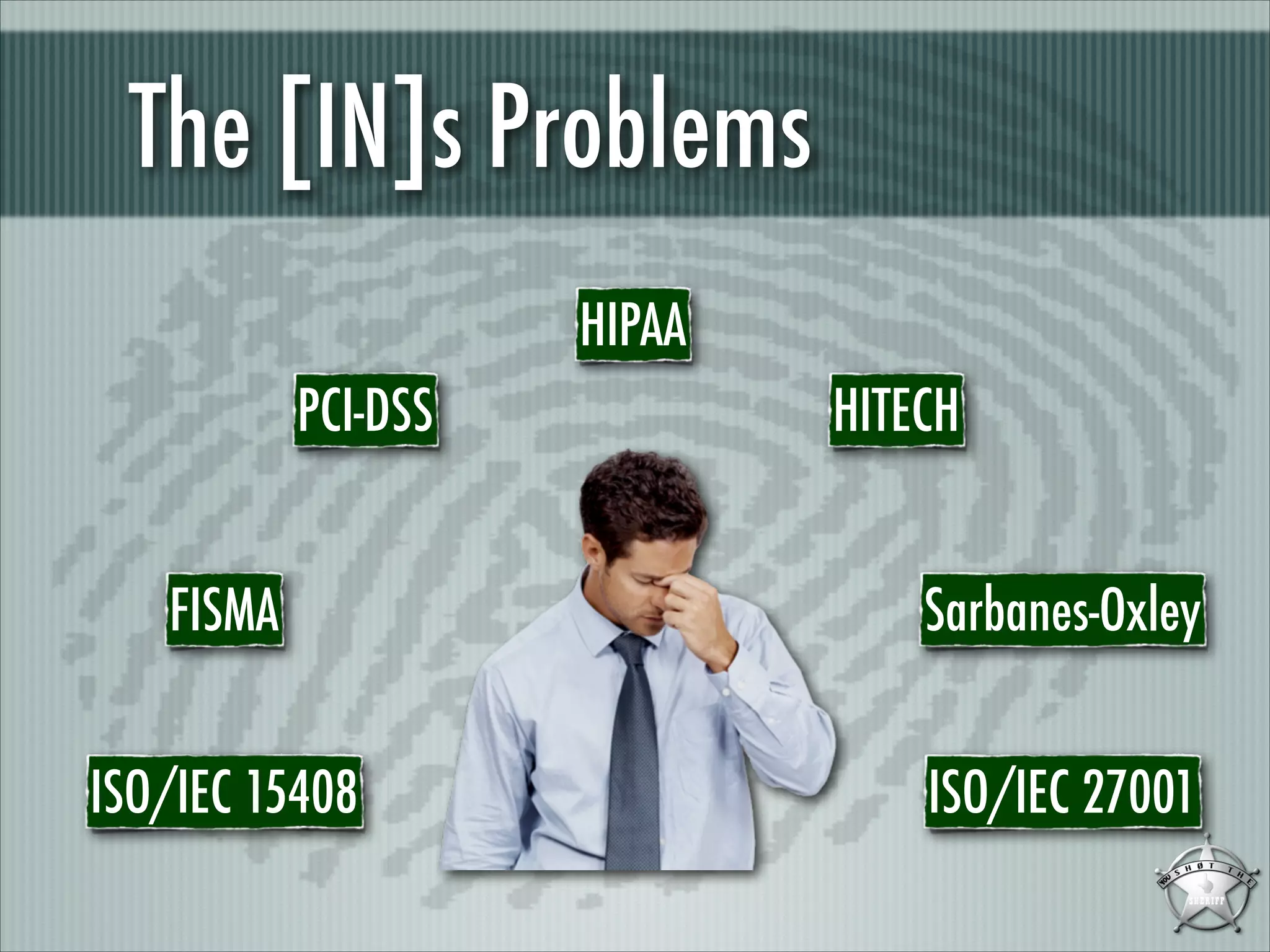 The [IN]s Problems
HIPAA
PCI-DSS

HITECH

FISMA

Sarbanes-Oxley

ISO/IEC 15408

ISO/IEC 27001

 