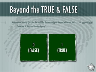 Beyond the TRUE & FALSE
Information Security (just like the world for that matter) goes beyond white and black....... Or true and false!
There are “A thousand shades of gray”.

0
(FALSE)

1
(TRUE)

 