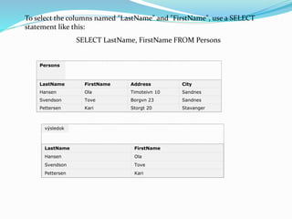 To select the columns named "LastName" and "FirstName", use a SELECT
statement like this:
SELECT LastName, FirstName FROM Persons
Persons
LastName FirstName Address City
Hansen Ola Timoteivn 10 Sandnes
Svendson Tove Borgvn 23 Sandnes
Pettersen Kari Storgt 20 Stavanger
výsledok
LastName FirstName
Hansen Ola
Svendson Tove
Pettersen Kari
 