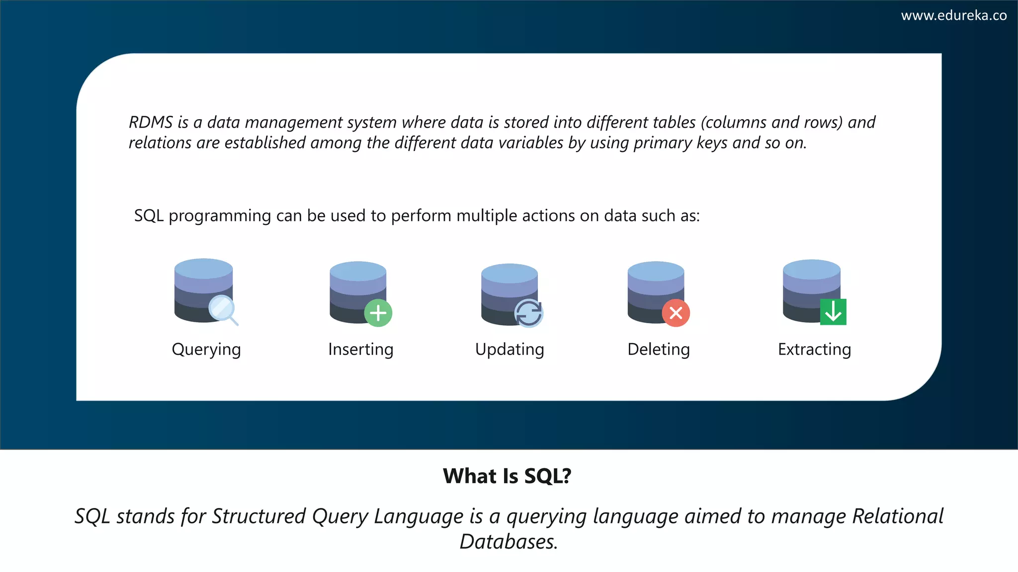 SQL stands for Structured Query Language is a querying language aimed to manage Relational Databases. What Is SQL? www.edureka.co SQL programming can be used to perform multiple actions on data such as: Querying Inserting Updating Deleting Extracting RDMS is a data management system where data is stored into different tables (columns and rows) and relations are established among the different data variables by using primary keys and so on. 