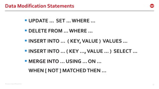 ©2017 Couchbase Inc. 53
Data Modification Statements
 UPDATE … SET … WHERE …
 DELETE FROM … WHERE …
 INSERT INTO … ( KEY,VALUE ) VALUES …
 INSERT INTO … ( KEY …,VALUE … ) SELECT …
 MERGE INTO … USING … ON …
WHEN [ NOT ] MATCHEDTHEN …
 