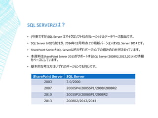 SQL SERVERとは？
▪ (今更ですが)SQL Server はマイクロソフト社のリレーショナルデータベース製品です。
▪ SQL Server 6.0から始まり、2014年12月時点での最新バージョンはSQL Server 2014です...
