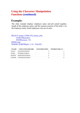Using the Character Manipulation
Functions (continued)
Example:
The slide example displays ernployee name and job joined together,
length of the employee name, and the numeric position of the letter A in
the employee name, forall employees who are in sales.
SELECT ename, CONCAT( ename, job),
LENGTH(ename),
INSTR(ename, 'A')
FROM emp
WHERE SUBSTR(job, 1, 5) = 'SALES' ;
ENAME CONCAT(ENAME,JOB) LENGTH(ENAME) INSTR(ENAME,'A')
ALLEN ALLENSALESMAN 5 1
WARD WARDSALESMAN 4 2
MARTIN MARTINSALESMAN 6 2
TURNER TURNERSALESMAN 6 0
 