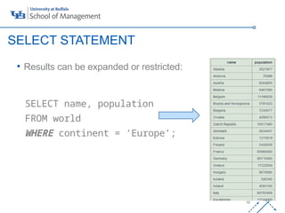 ‘-
12
• Results can be expanded or restricted:
SELECT name, population
FROM world
WHERE continent = ‘Europe’;
SELECT STATEMENT
 